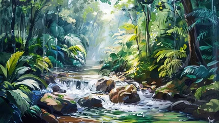 Rolgordijnen Beautiful stream painting in tropical forest - beautiful natural landscape in the forest ,Generative ai,  © curek