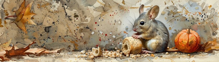 A tiny mouse builds a miniature house out of breadcrumbs water color - obrazy, fototapety, plakaty