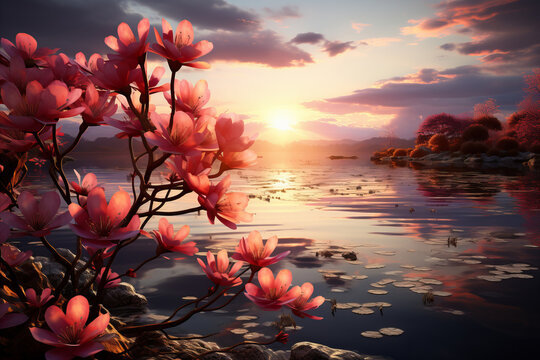 Springtime sunrise: Sunrise over spring landscape. Flowering tree branch on foreground.