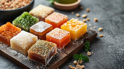 Turkish national sweets are sold at the fair. Multi-colored Asian desserts stacked on the table. Rahat lokum in bulk is sold at the festival