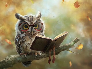 An owl wearing glasses, reading a book on a branch drawing