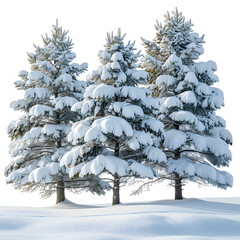 Snow-covered pine trees isolated on white background, photo, png
