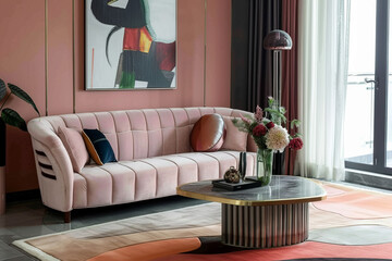 Modern Minimalist Millennial Pink Art Deco style house interior and living room Zen Spaces.