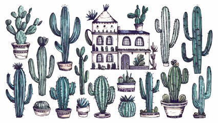 Vintage Style Hand-Drawn Cactus Doodle Set: Whimsical Cartoon Illustrations of Desert Flora, Perfect for Natural Interior Décor