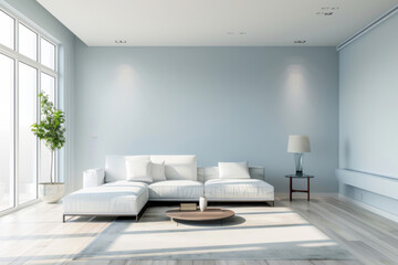 Modern Minimalist Sky Blue Minimalist style house interior and living room Sustainable Design. - obrazy, fototapety, plakaty