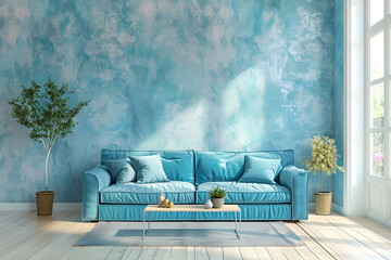 Modern Minimalist Sky Blue Vintage style house interior and living room Smart Homes. - obrazy, fototapety, plakaty