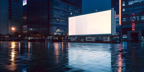 A large blank billboard in the center of an empty city square at night, illuminated by soft white light. Minimalist and modern atmosphere blank white advertising billboard mockup. 