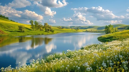 Beautiful summer or spring panoramic rural landscape with calm river and green hills with blooming wild flowers and trees at sunny summer day.River Upa in Tula region, ,Generative ai,  - obrazy, fototapety, plakaty