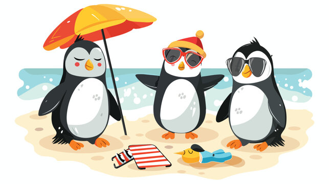 Cute penguins cartoon on the beach flat vector isolated