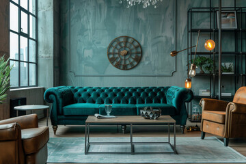 Modern Minimalist Teal Industrial style apartment interior and living room Maximalist Design. - obrazy, fototapety, plakaty