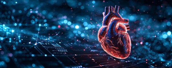Futuristic holographic human heart with a glowing outline against a dark, shimmering digital background suitable for medical and technological themes or events like World Heart Day.