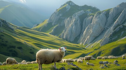 A mountain dotted with lawns, many sheep. Generative AI.