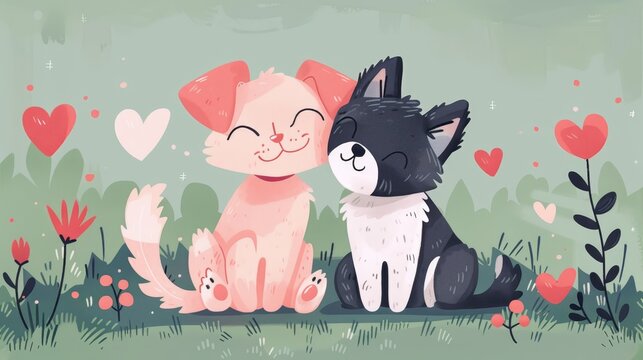 Two cartoon cats sitting next to each other and hugging, with hearts in the background. Scene is warm and affectionate