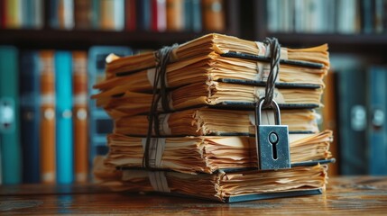A stack of books with a lock on top - obrazy, fototapety, plakaty