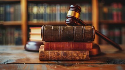 A stack of old books and a gavel on a table - obrazy, fototapety, plakaty
