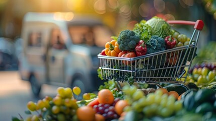 A shopping cart full of vegetables is on display in front of a car. Concept of abundance and freshness, as the cart is filled with a variety of fruits and vegetables