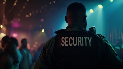 Obraz premium Back view of a security guard at a bustling nightlife venue with blue and orange ambient lighting, suggesting an event like a concert or party.