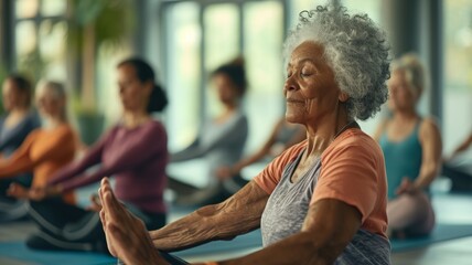 A tranquil yoga class with seniors meditating in harmony, suitable for promoting wellness, community health events, and International Day of Yoga.