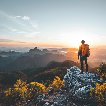 A scenic view from the top of a mountain, with a hiker looking out over the landscape at sunrise isolated on white background, cinematic, png
