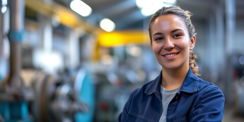 Smiling woman in blue workwear in an industrial setting with warm lighting; suitable for content related to workplace equality or Labor Day. - obrazy, fototapety, plakaty
