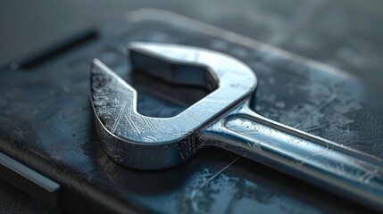 A silver wrench is on a black surface. The wrench is bent and has a rusted appearance