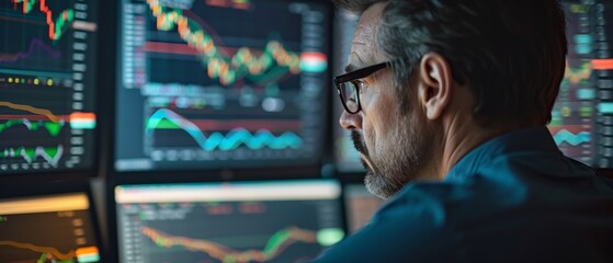 Focused man with glasses analyzing stock market trends on multiple monitors in a dark, high-tech trading environment, suitable for financial or economic presentations.