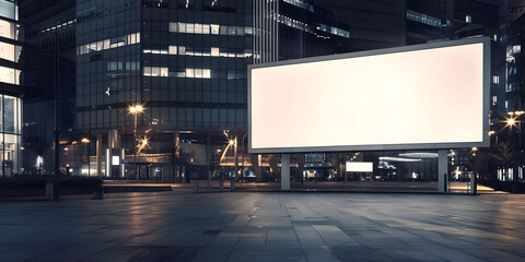 A large blank billboard in the center of an empty city square at night, illuminated by soft white light. Minimalist and modern atmosphere blank white advertising billboard mockup.  - 771348358