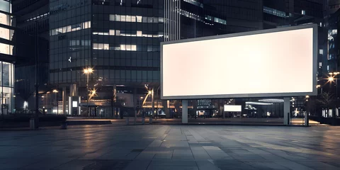 Fotobehang A large blank billboard in the center of an empty city square at night, illuminated by soft white light. Minimalist and modern atmosphere blank white advertising billboard mockup.  © jex