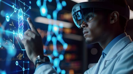 Biotech with AI, Man in VR headset interacts with a 3D hologram, indicative of futuristic tech in gaming, education, or advanced simulations.