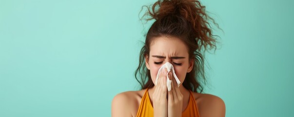 Woman blowing her nose with a tissue, she appears sick; suitable for healthcare or seasonal allergy awareness. - obrazy, fototapety, plakaty