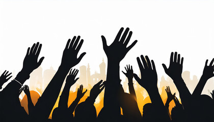 Silhouette of crowd fans cheering at concert or sport event on white background. Audience with raised hands enjoying music festival or football, soccer, basketball match. Nightlife, entertainment - obrazy, fototapety, plakaty