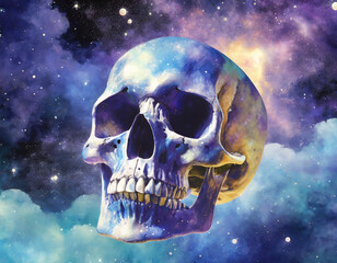 Skull floating in cosmic clouds