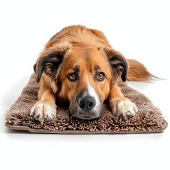 Dog lying on a cozy rug isolated on white background, text area, png
