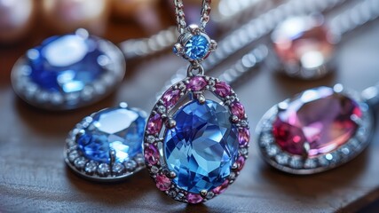 A collection of gemstones and a blue and pink pendant. The pendant is the largest and is surrounded by smaller stones