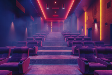 Craft an AI-generated image of an empty cinema hall exuding elegance and tranquility, with plush...