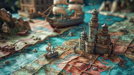 A map of a pirate ship and a castle is shown. The castle is surrounded by water and the ship is sailing in the distance. The scene is set in a fantasy world, with the castle