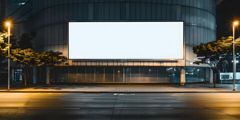 A large blank billboard in the center of an empty city square at night, illuminated by soft white light. Minimalist and modern atmosphere blank white advertising billboard mockup.  - 771349167