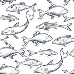 Fish seamless background. Swimming fish sketch. Underwater marine life pattern.