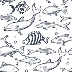 Fish seamless background. Swimming fish sketch. Underwater marine life pattern.