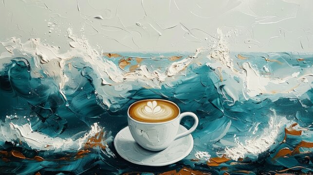 A painting of a cup of coffee on a white plate with a wave in the background. The mood of the painting is calm and peaceful, as the cup of coffee is the only object in the scene