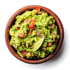Bowl of homemade guacamole isolated on white background, space for captions, png
