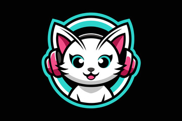 Gaming logo, a gamer cute cat in the middle with headphones