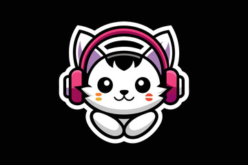 Gaming logo, a gamer cute cat in the middle with headphones