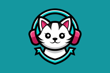 Gaming logo, a gamer cute cat in the middle with headphones