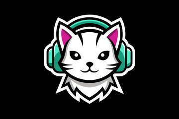 Gaming logo, a gamer cute cat in the middle with headphones