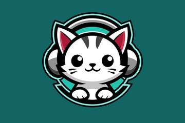 Gaming logo, a gamer cute cat in the middle with headphones