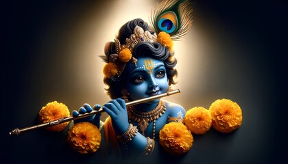 Realistic illustration for vishu with a young lord krishna holding a flute with marigold flowers.
