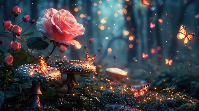 Fantasy Magical Mushrooms and Butterflies in enchanted Fairy Tale dreamy elf Forest with fabulous fairytale blooming pink Rose Flower on mysterious nature background and shiny shining moonlight