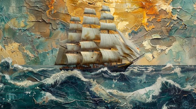 A painting of a large ship sailing in the ocean. The ship is surrounded by waves and the sky is filled with clouds. The mood of the painting is serene and peaceful