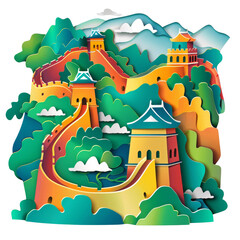 Paper Cut Style of colorful Great Wall of China on transparent background